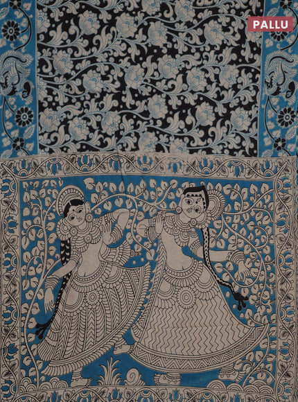 Kalamkari cotton saree black and teal blue with allover prints and printed border