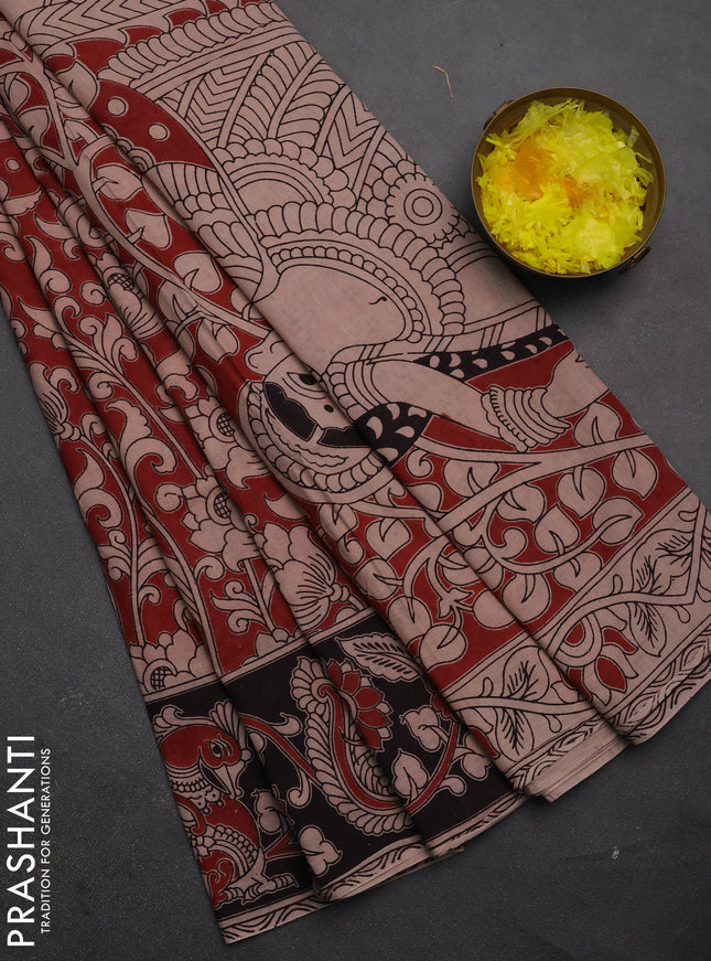 Kalamkari cotton saree maroon and black with allover prints and printed border