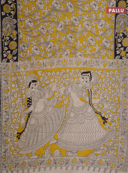 Kalamkari cotton saree yellow and black with allover prints and printed border