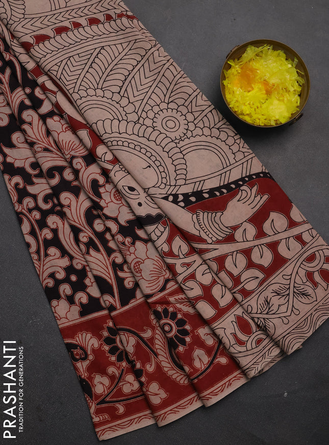 Kalamkari cotton saree beige black and maroon with allover prints and printed border