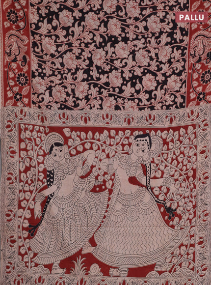 Kalamkari cotton saree beige black and maroon with allover prints and printed border