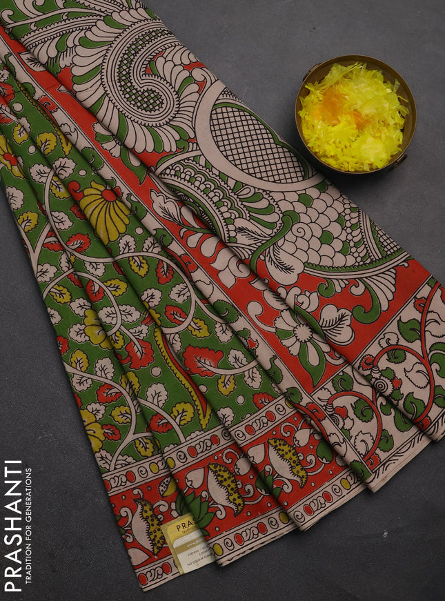 Kalamkari cotton saree light green and orange with allover prints and printed border