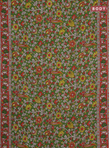 Kalamkari cotton saree light green and orange with allover prints and printed border