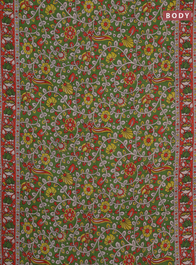 Kalamkari cotton saree light green and orange with allover prints and printed border