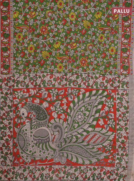 Kalamkari cotton saree light green and orange with allover prints and printed border
