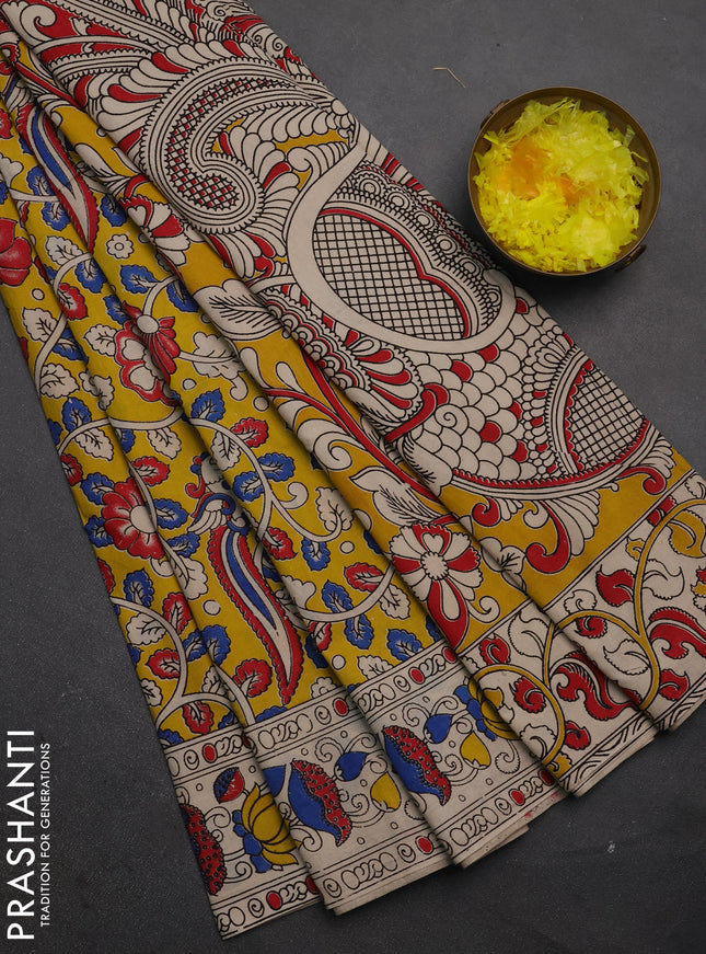 Kalamkari cotton saree yellow and beige with allover prints and printed border