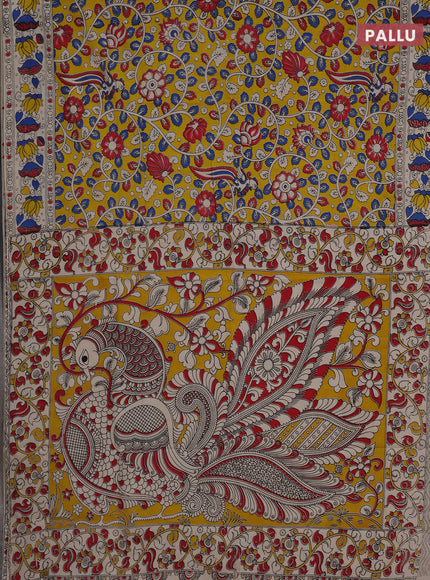 Kalamkari cotton saree yellow and beige with allover prints and printed border