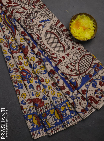 Kalamkari cotton saree beige and blue with allover prints and printed border