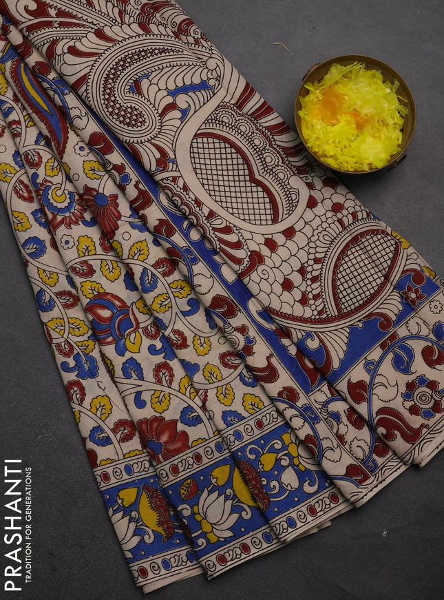 Kalamkari cotton saree beige and blue with allover prints and printed border
