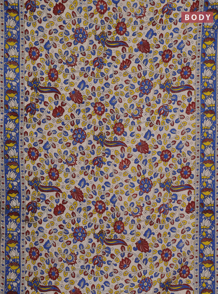 Kalamkari cotton saree beige and blue with allover prints and printed border