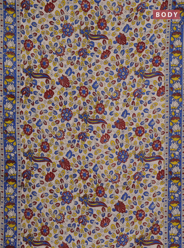 Kalamkari cotton saree beige and blue with allover prints and printed border