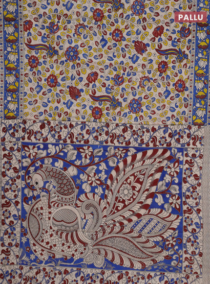 Kalamkari cotton saree beige and blue with allover prints and printed border