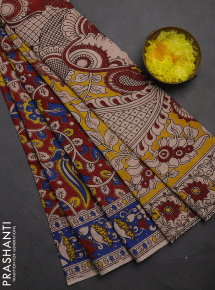 Kalamkari cotton saree maroon and blue with allover prints and printed border