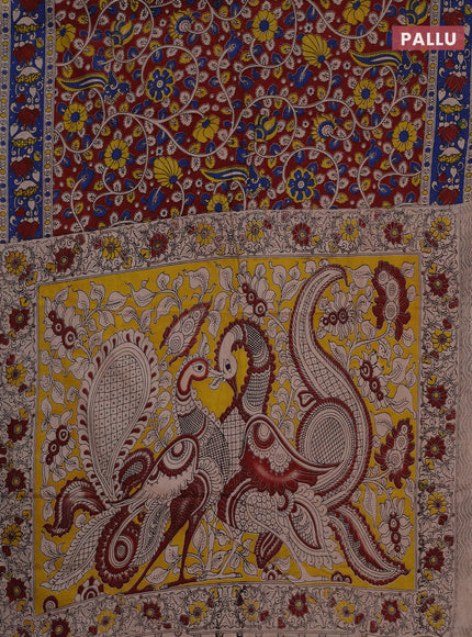 Kalamkari cotton saree maroon and blue with allover prints and printed border