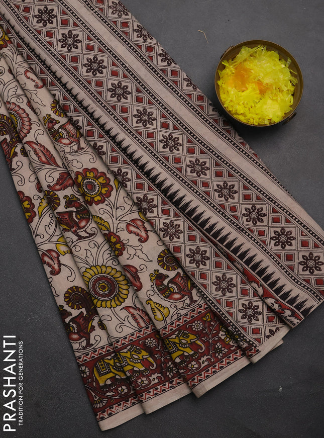 Kalamkari cotton saree beige and maroon with allover prints and printed border