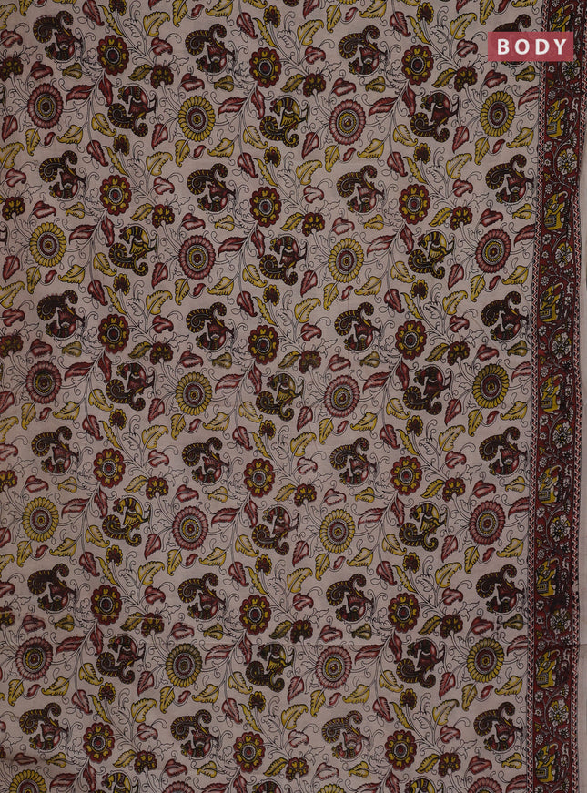 Kalamkari cotton saree beige and maroon with allover prints and printed border