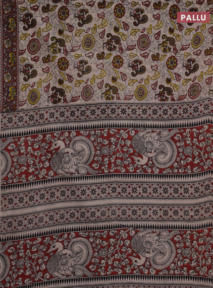 Kalamkari cotton saree beige and maroon with allover prints and printed border