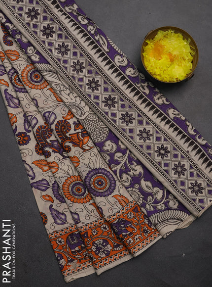Kalamkari cotton saree beige and orange with allover prints and printed border