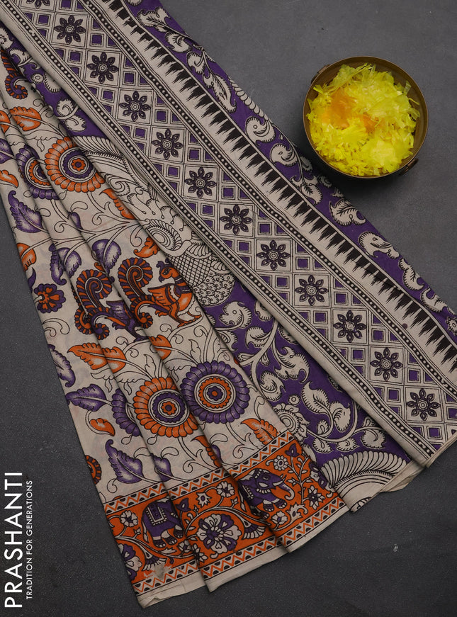Kalamkari cotton saree beige and orange with allover prints and printed border