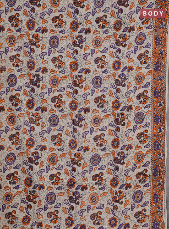 Kalamkari cotton saree beige and orange with allover prints and printed border