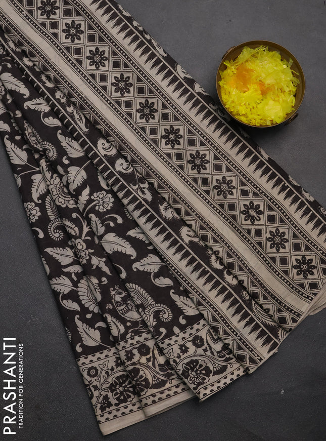 Kalamkari cotton saree black and beige with allover prints and printed border