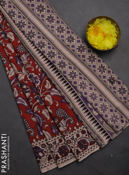 Kalamkari cotton saree maroon and beige with allover prints and printed border
