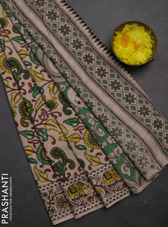 Kalamkari cotton saree beige with allover prints and printed border