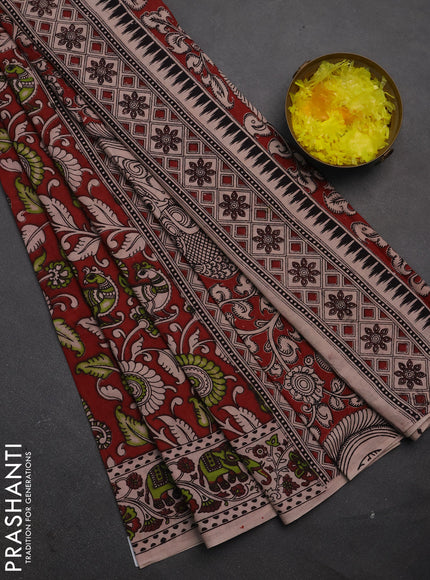 Kalamkari cotton saree maroon and beige with allover prints and printed border