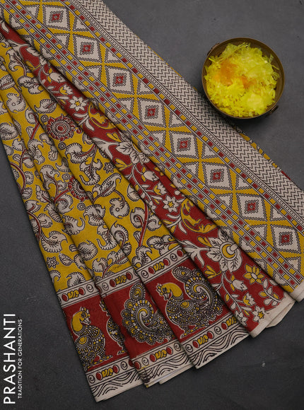 Kalamkari cotton saree yellow and maroon with allover prints and printed border