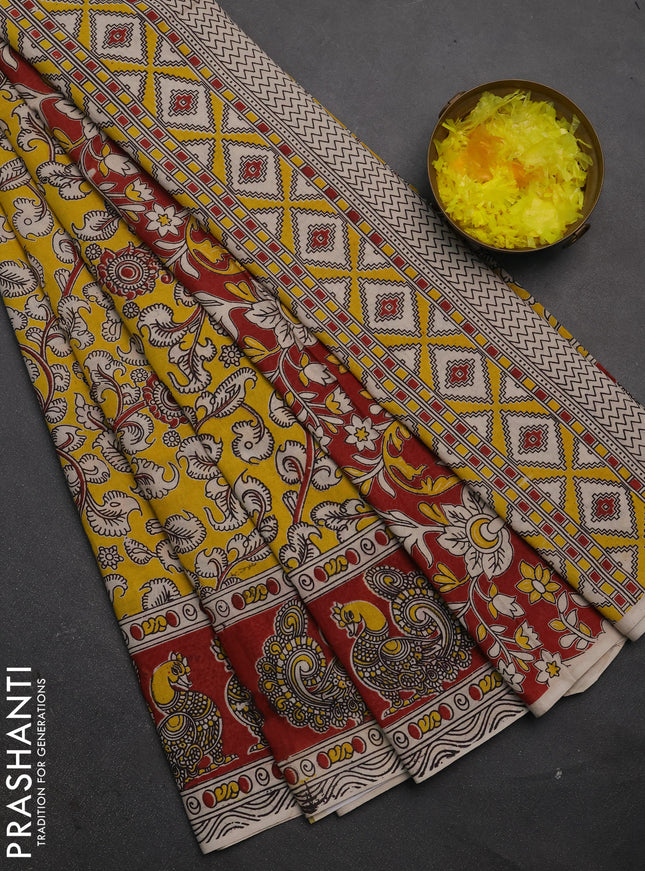 Kalamkari cotton saree yellow and maroon with allover prints and printed border