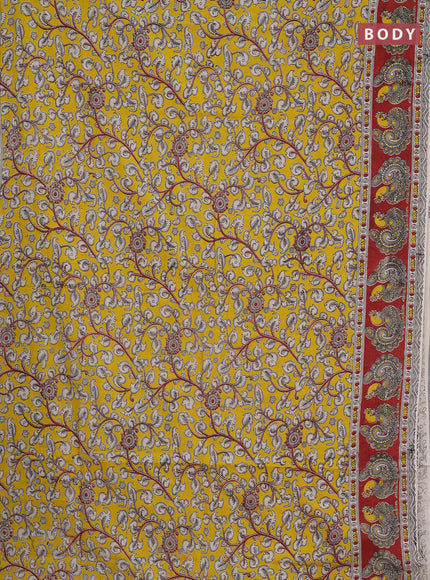 Kalamkari cotton saree yellow and maroon with allover prints and printed border
