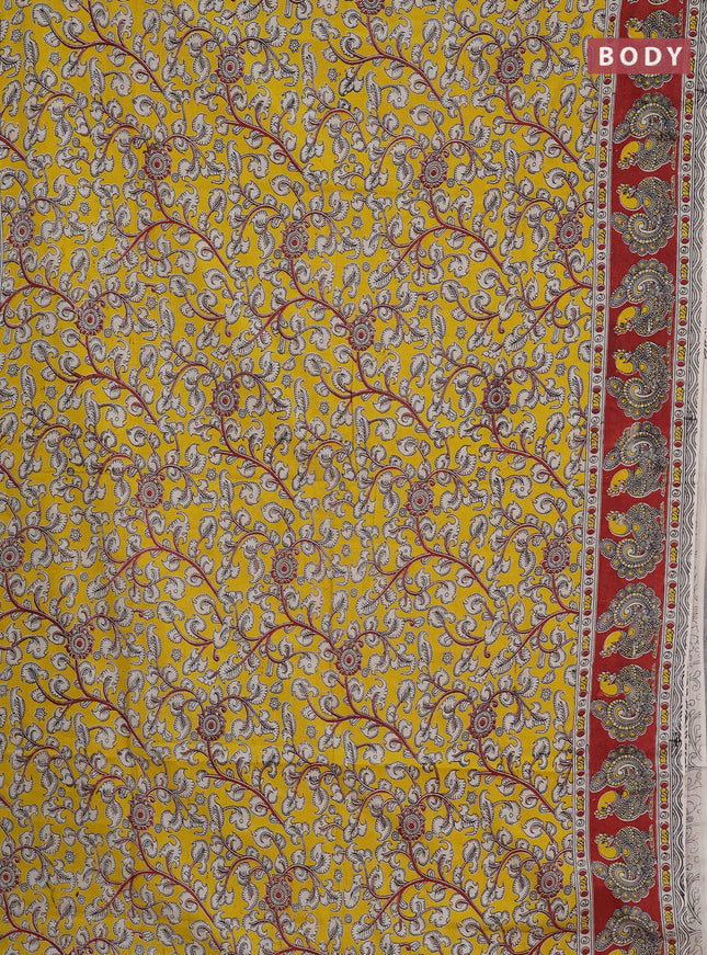 Kalamkari cotton saree yellow and maroon with allover prints and printed border