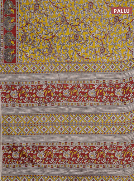 Kalamkari cotton saree yellow and maroon with allover prints and printed border