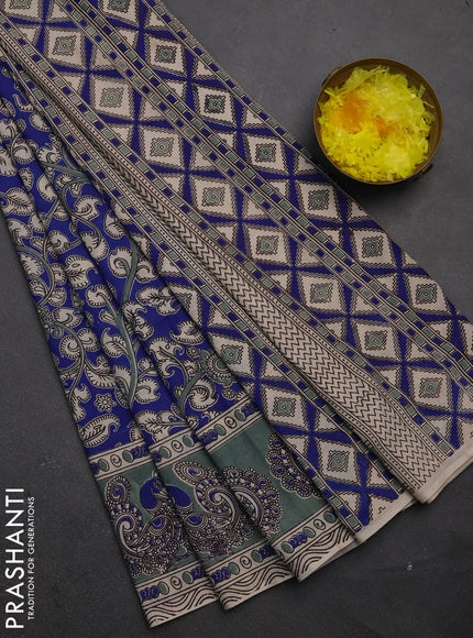 Kalamkari cotton saree blue and grey with allover prints and printed border