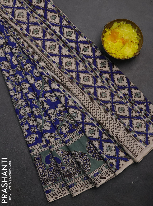Kalamkari cotton saree blue and grey with allover prints and printed border