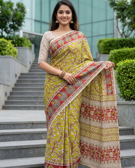 Kalamkari cotton saree light green and maroon with allover prints and printed border
