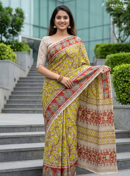 Kalamkari cotton saree light green and maroon with allover prints and printed border