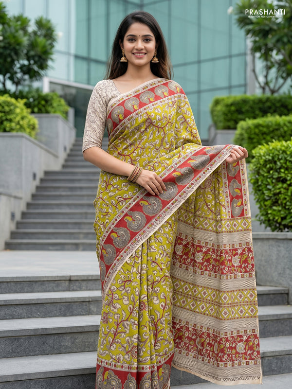 Kalamkari cotton saree light green and maroon with allover prints and printed border