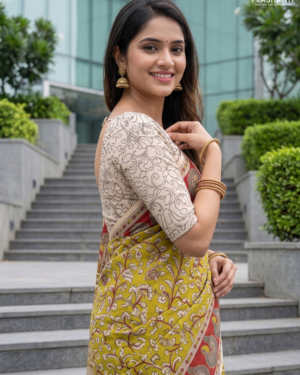 Kalamkari cotton saree light green and maroon with allover prints and printed border