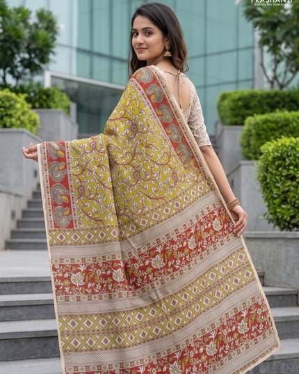 Kalamkari cotton saree light green and maroon with allover prints and printed border