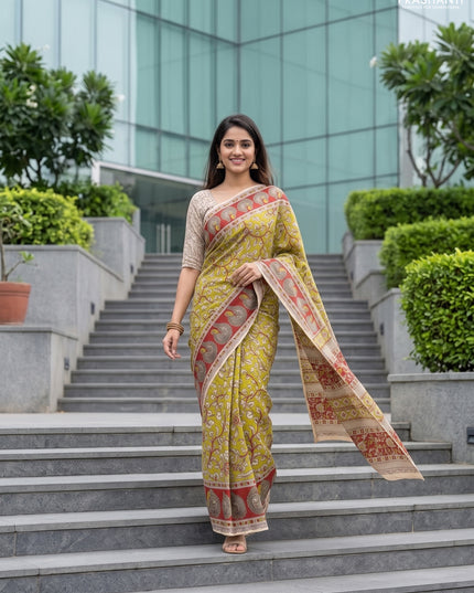 Kalamkari cotton saree light green and maroon with allover prints and printed border