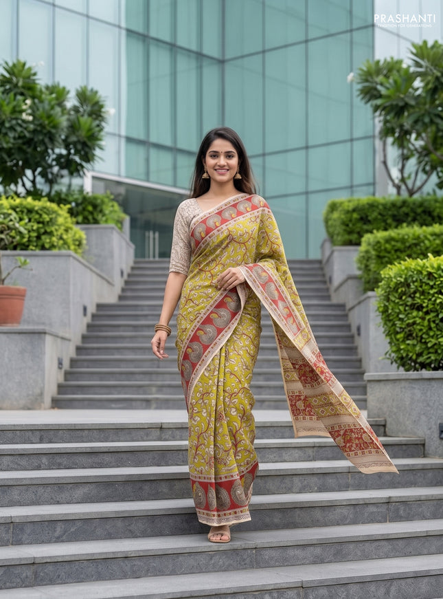 Kalamkari cotton saree light green and maroon with allover prints and printed border