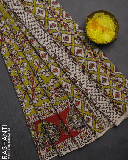 Kalamkari cotton saree light green and maroon with allover prints and printed border