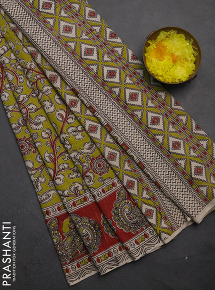 Kalamkari cotton saree light green and maroon with allover prints and printed border