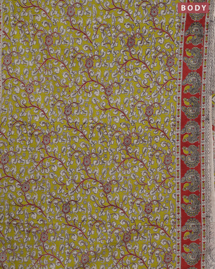 Kalamkari cotton saree light green and maroon with allover prints and printed border