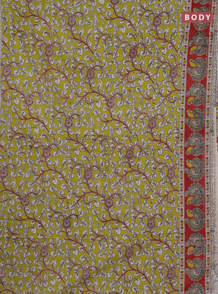 Kalamkari cotton saree light green and maroon with allover prints and printed border