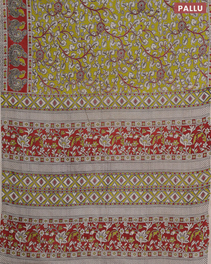 Kalamkari cotton saree light green and maroon with allover prints and printed border