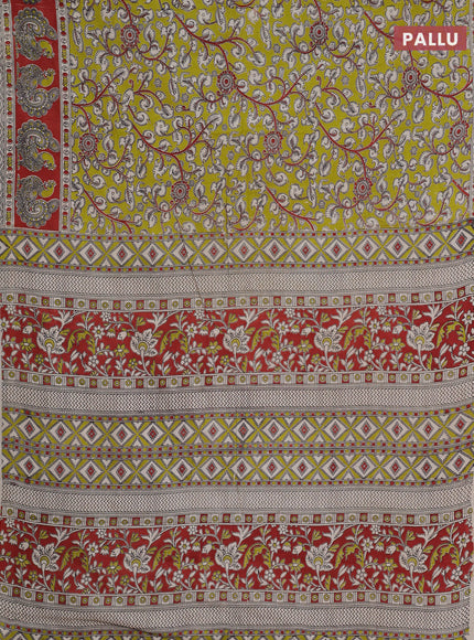 Kalamkari cotton saree light green and maroon with allover prints and printed border