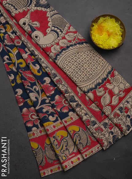 Kalamkari cotton saree peacock green and candy pink with allover prints and printed border