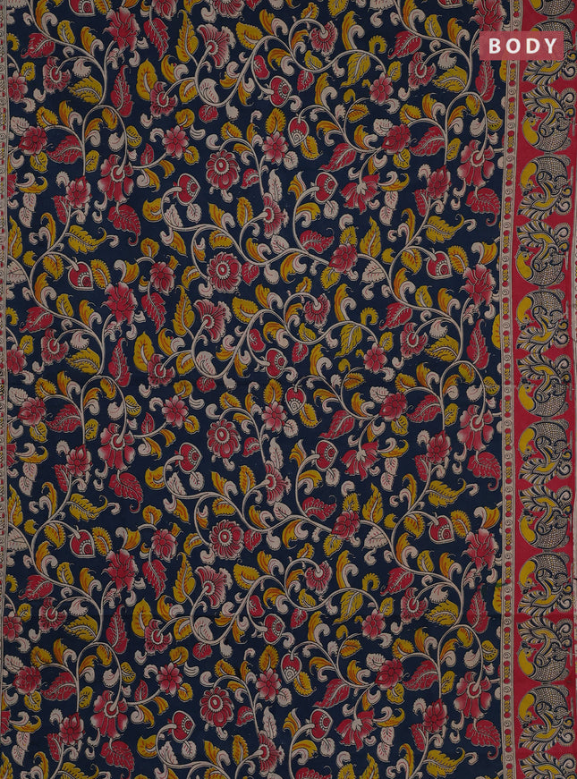 Kalamkari cotton saree peacock green and candy pink with allover prints and printed border